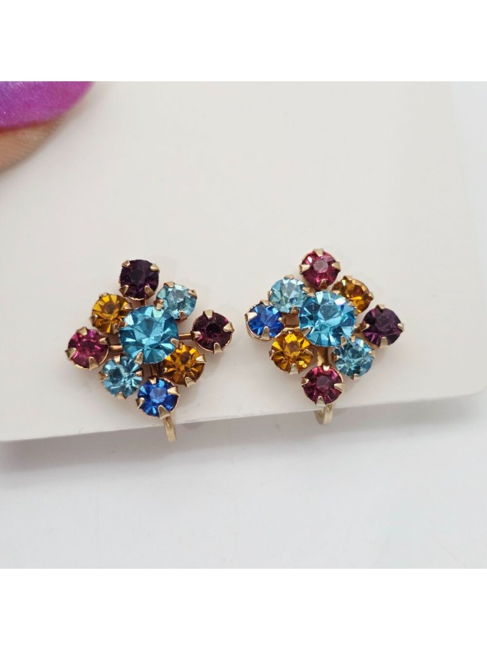 Vintage Multicolor Czech Crystal Screw-Back Earrings Gold-Tone Setting 3/4"